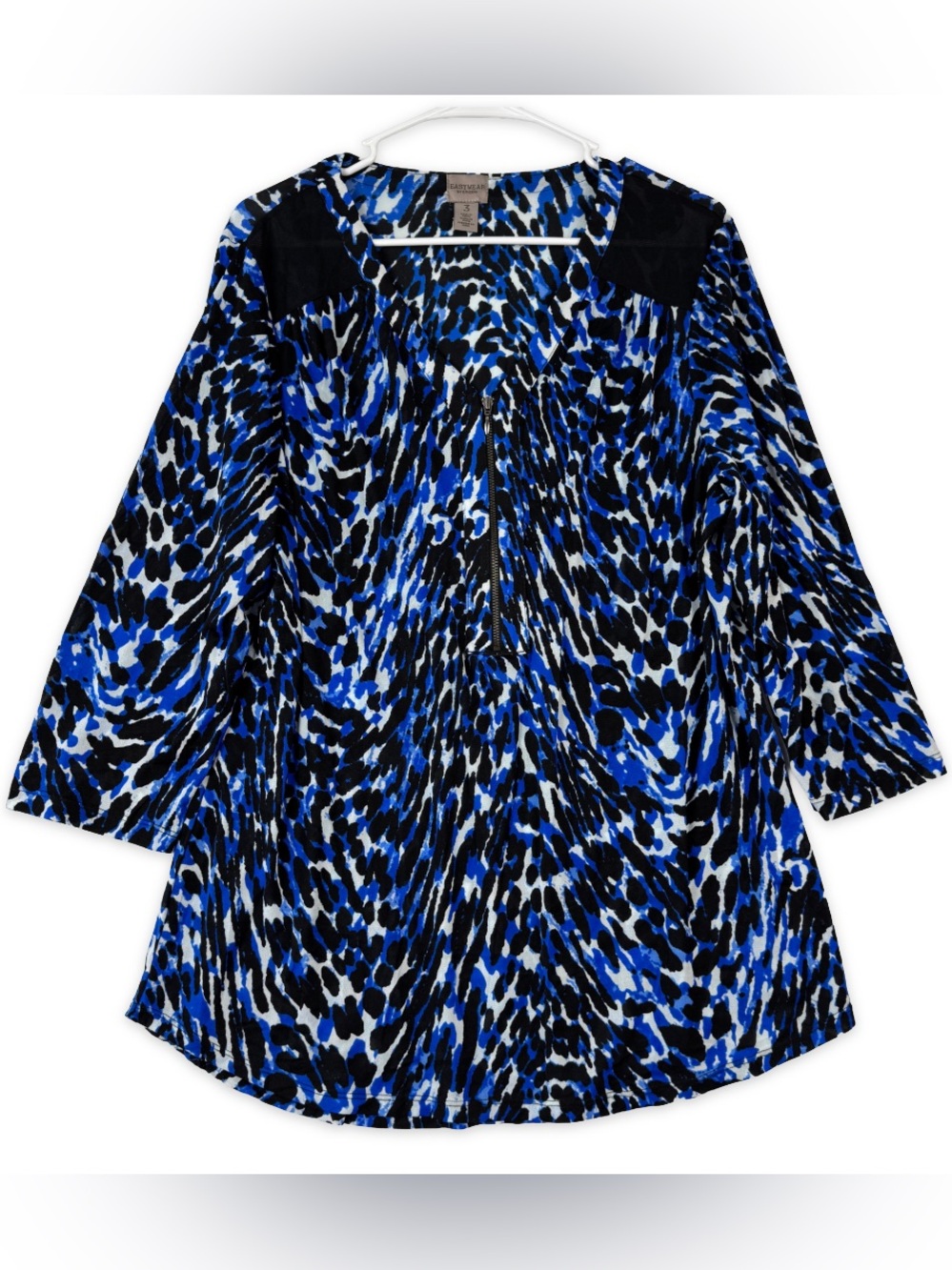 Easywear by Chicos Blue Animal Print Zip V-Neck Tunic Top Size 3 XL/16